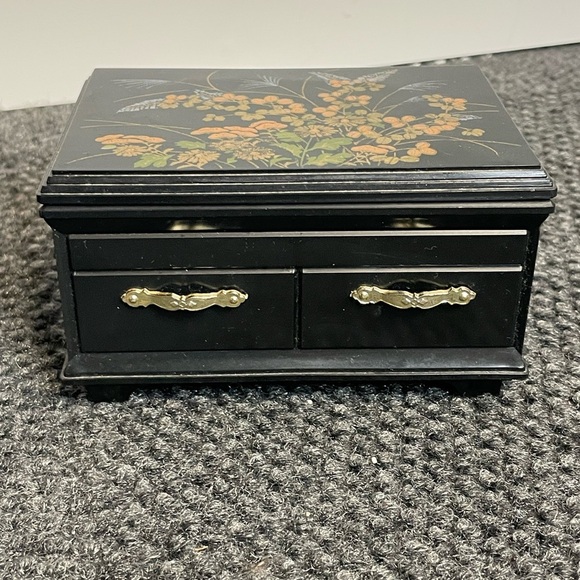 Asian Black Lacquer Ware Plastic Floral Jewelry Trinket Box Hong Kong Mirror - Picture 2 of 8